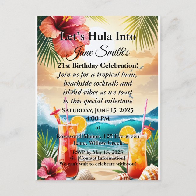 Summer Tropical Luau Beach Party 21st Birthday Postcard (Front)