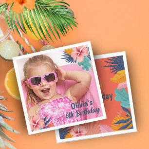Summer tropical luau Girl pool birthday photo Napkins