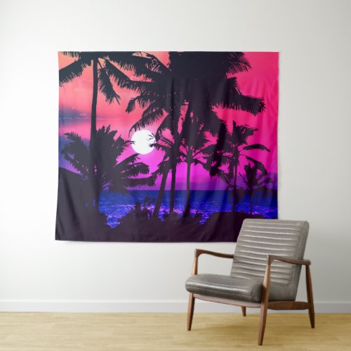 Summer Tropical Neon Pink Blue Palm Trees Sunset Tapestry