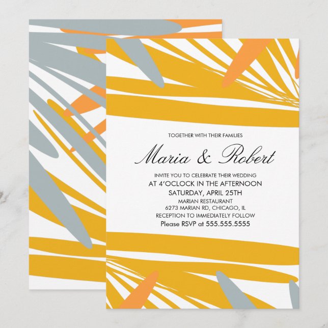 Summer Tropical Palm Abstract Yellow Gray Wedding Invitation (Front/Back)