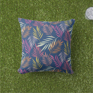 Summer Tropical Palm leaves on Blue Outdoor Pillow