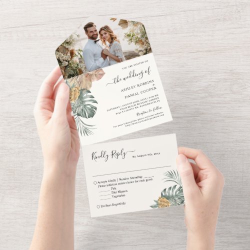 Summer Tropical Palm Leaves Wedding Photo All In One Invitation - These "Summer Tropical Palm Leaves Wedding Photo All in One Invitations" are designed with an easy to tear off perforated RSVP postcard. Just simply fold each card into the outlined shape, and then seal and send - no envelope needed for shipping.