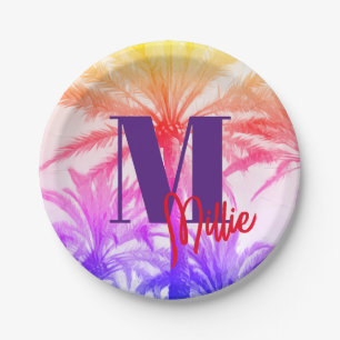 summer tropical palm tree in retro neon 80's paper plates