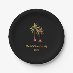 Summer Tropical Palm Trees Swim Pool Party Black Paper Plates
