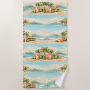 Summer Tropical Palm Trees Vintage Surfboards Beach Towel