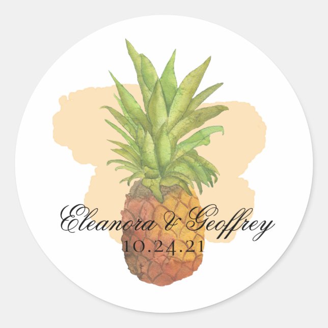 Summer Tropical Pineapple Coastal Wedding Classic Round Sticker (Front)