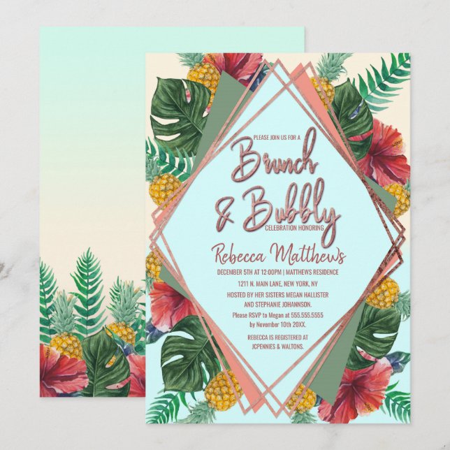 Summer Tropical Pineapple Floral Brunch and Bubbly Invitation (Front/Back)