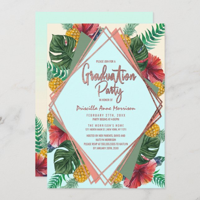Summer Tropical Pineapple Leaves Floral Graduation Invitation (Front/Back)