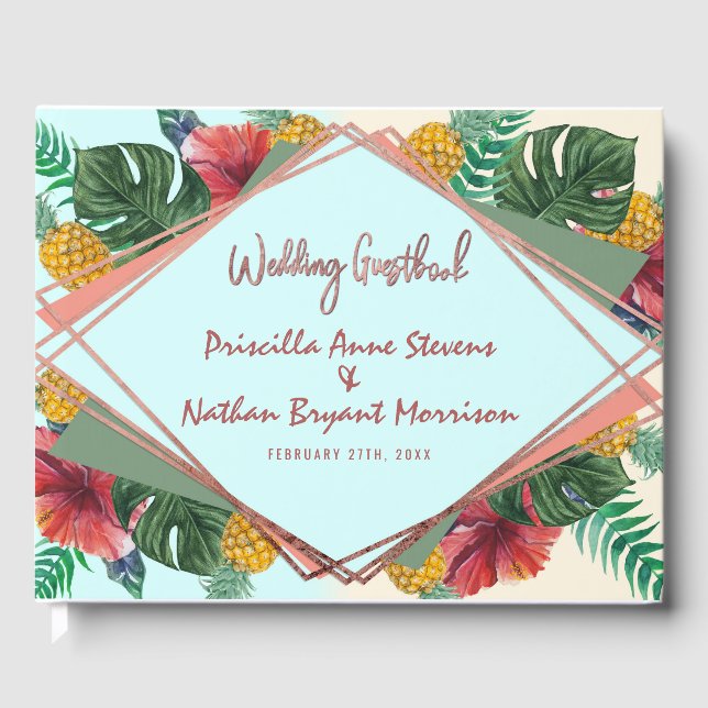 Summer Tropical Pineapple Leaves Floral Wedding Guest Book (Front)
