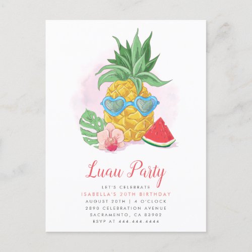 Summer Tropical Pineapple Luau Party Birthday Invitation Postcard