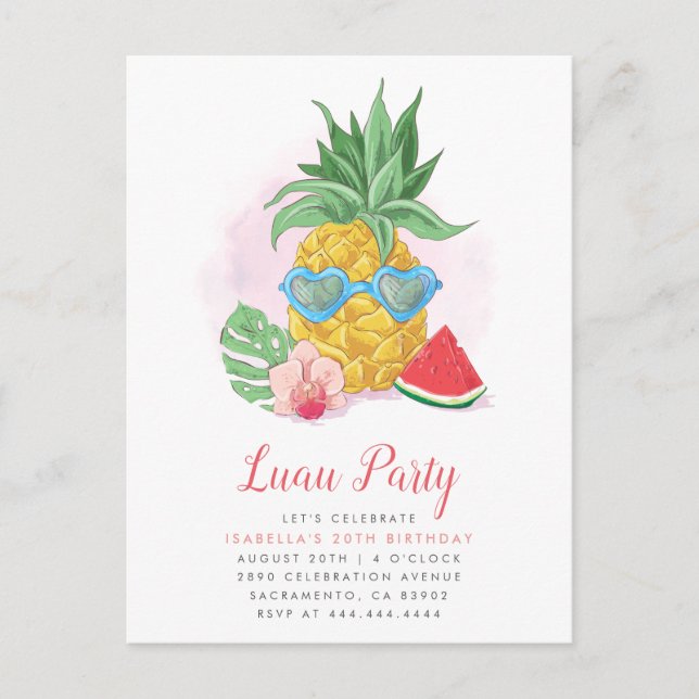 Summer Tropical Pineapple Luau Party Birthday Invitation Postcard (Front)