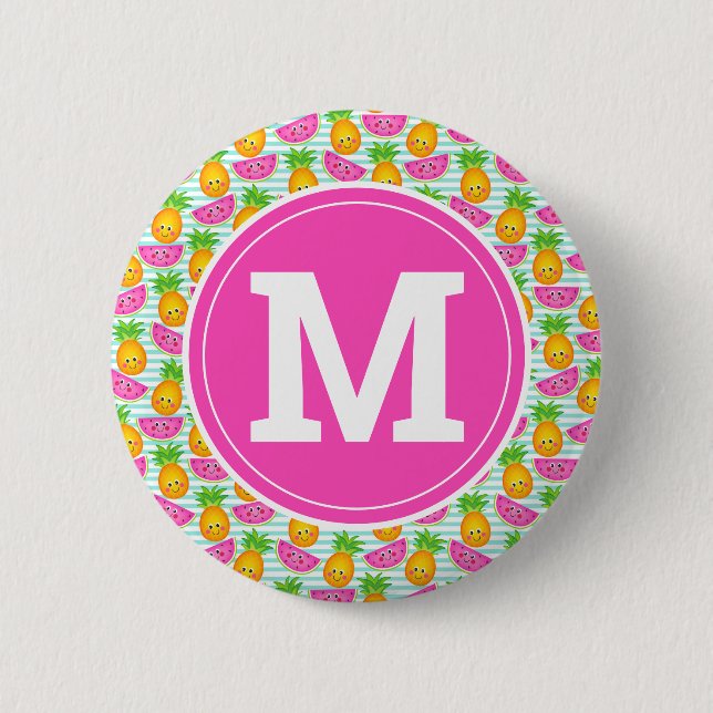 Summer Tropical Pineapple & Watermelon Monogram Button (Front)