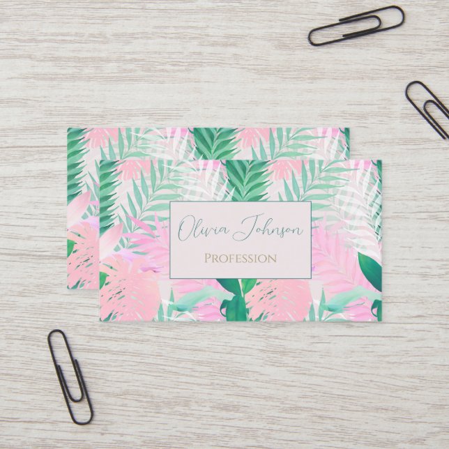 Summer Tropical Pink Mint Palm Foliage Greenery Business Card (Front/Back In Situ)