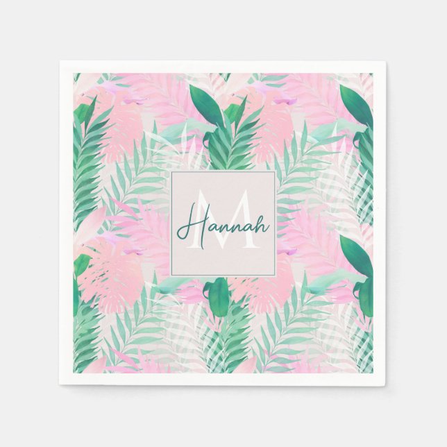 Summer Tropical Pink Mint Palm Foliage Greenery Napkins (Front)