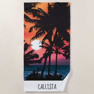 Summer Tropical Pink Orange Palm Trees Sunset Beach Towel