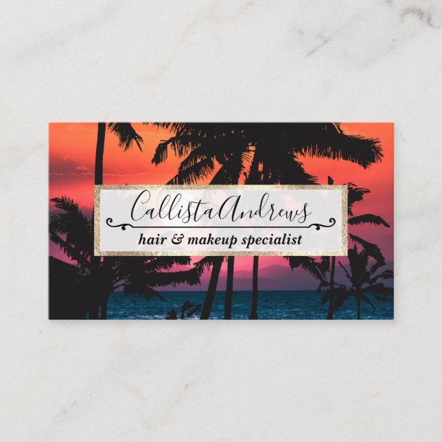 Summer Tropical Pink Orange Palm Trees Sunset Business Card (Front)