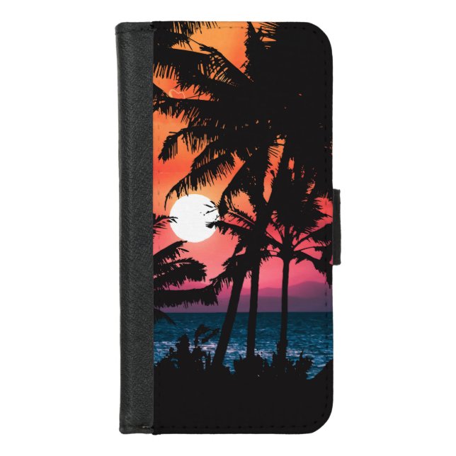 Summer Tropical Pink Orange Palm Trees Sunset iPhone Wallet Case (Front)