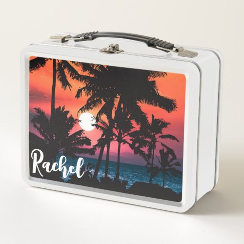 Summer Tropical Pink Orange Palm Trees Sunset Name Metal Lunch Box