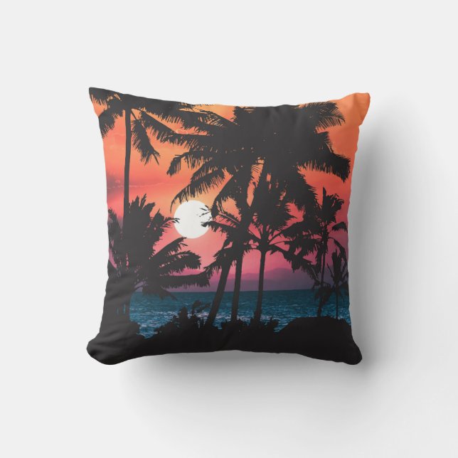 Summer Tropical Pink Orange Palm Trees Sunset Outdoor Pillow (Front)