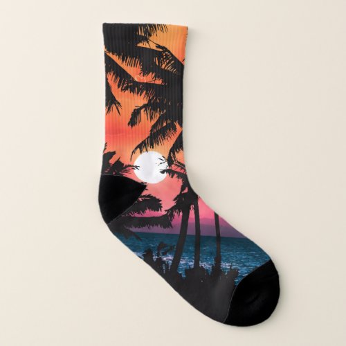 Summer Tropical Pink Orange Palm Trees Sunset Socks