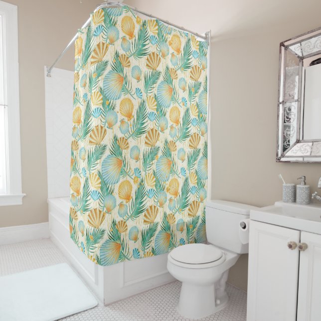 SUMMER TROPICAL PLANTS AND SEASHELLS SHOWER CURTAIN (In Situ)