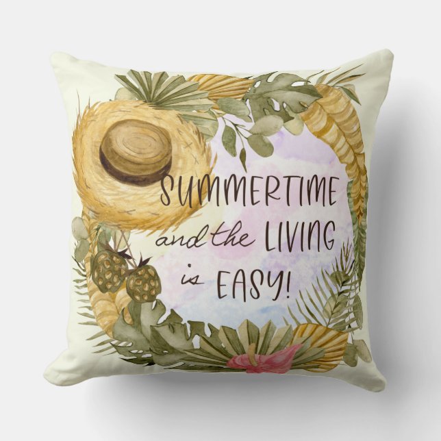 Summer Tropical Plants Straw Hat Throw Pillow (Front)