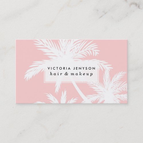 Summer tropical simple white plam trees on pink business card