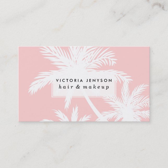 Summer tropical simple white plam trees on pink business card (Front)