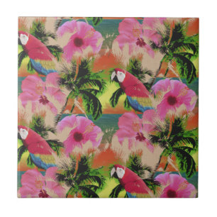 Summer Tropical Sunset Beach Parrot Ceramic Tile