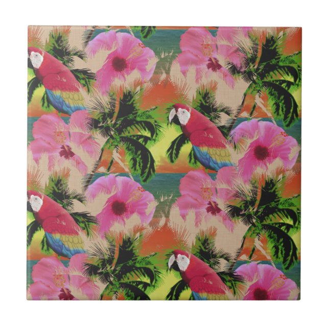 Summer Tropical Sunset Beach Parrot Ceramic Tile (Front)