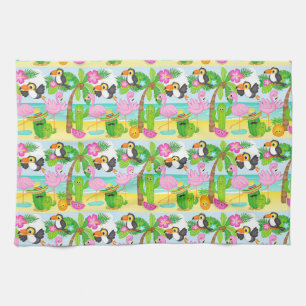 Summer Tropical Toucan and Flamingo Pattern Kitchen Towel