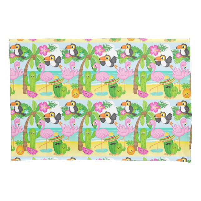 Summer Tropical Toucan and Flamingo Pattern Pillow Case (Front)