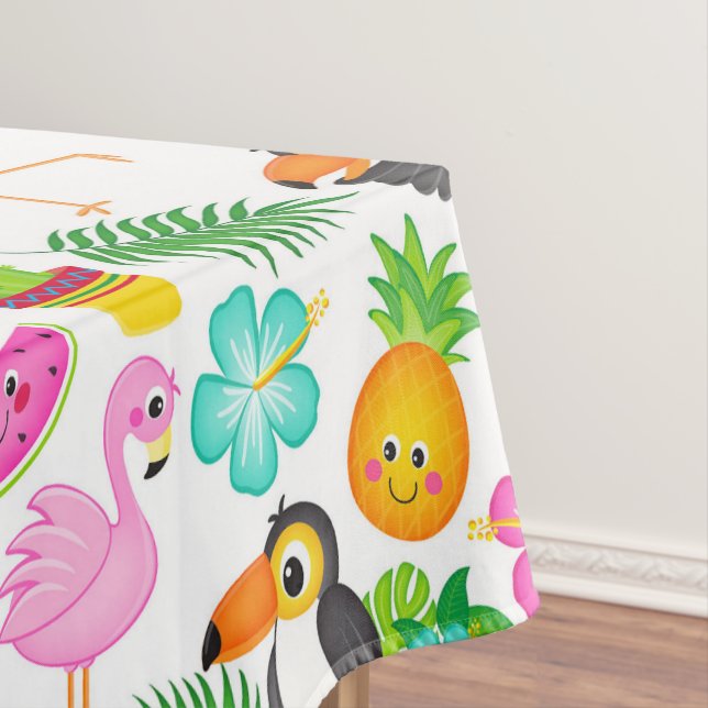 Summer Tropical Toucan and Flamingo Pattern Tablecloth (In Situ)