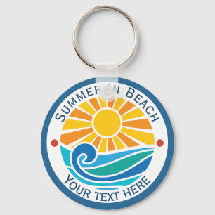 Summer Turquoise Beach Wave and Sun Retro Style Keychain