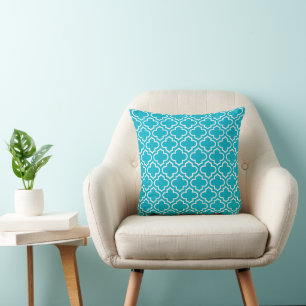 Summer Turquoise White Retro Chic Trellis Pattern Throw Pillow