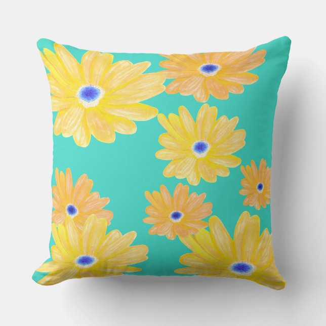 Summer Turquoise Yellow Floral Throw Pillow (Front)