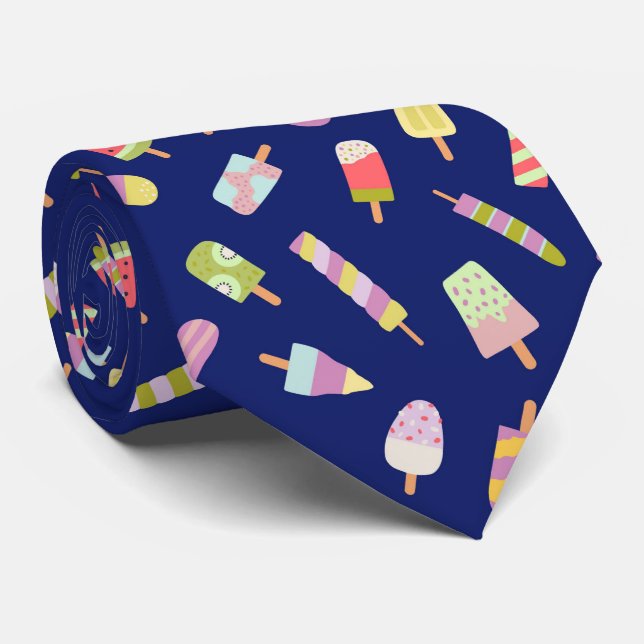 Summer tutti-frutti popsicles on navy blue neck tie (Rolled)