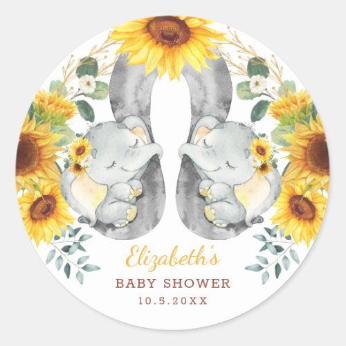 Summer Twin Elephant Babies Sunflower Baby Shower Classic Round Sticker