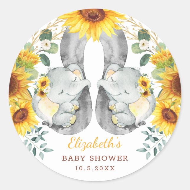 Summer Twin Elephant Babies Sunflower Baby Shower Classic Round Sticker (Front)