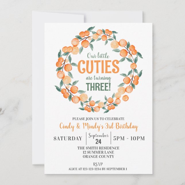 Summer Twin Girls Birthday, Oranges 3rd Birthday Invitation (Front)