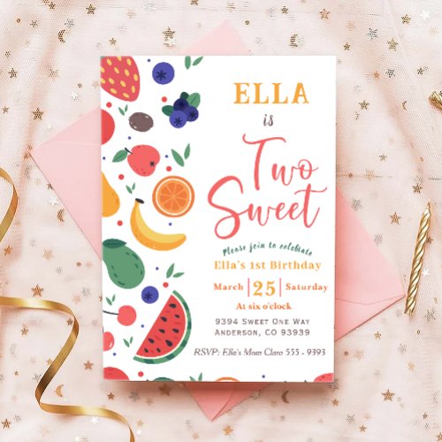 Summer Two Sweet Fruit 2nd Birthday Invitation