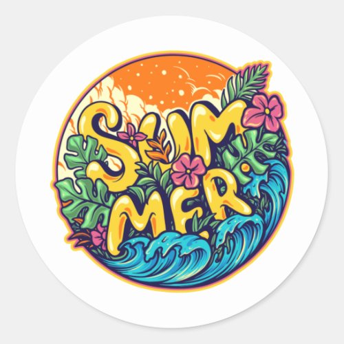 Summer Typographic Tropical Waves  Classic Round Sticker