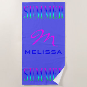 Summer Typography Pink Blue Turquoise Custom Name Beach Towel