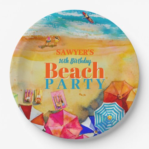 Summer Umbrellas on the Sand 16th Birthday Paper Plates