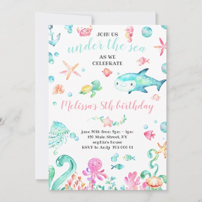 Summer Under the Sea Watercolor Girl Birthday Invitation (Front)