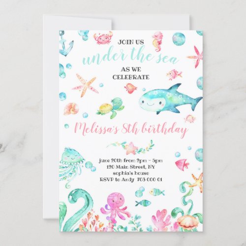 Summer Under the Sea Watercolor Girl Birthday Invitation