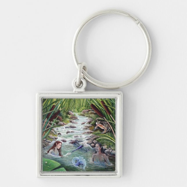 Summer Undine Mermaids in a Woodland Stream Keychain (Front)
