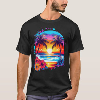 Summer Vacation Beach Palm Trees Hibiscus Flowers T-Shirt