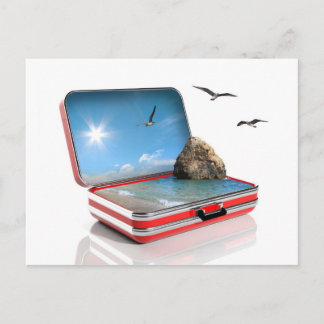 Summer vacation concept. Travel suitcase with seas Postcard