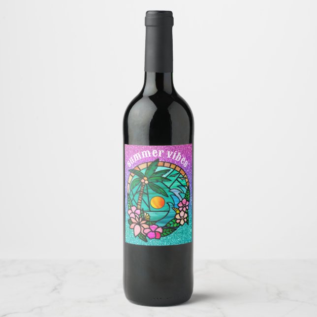 Summer vacation ocean beach at sunset. wine label (Front)